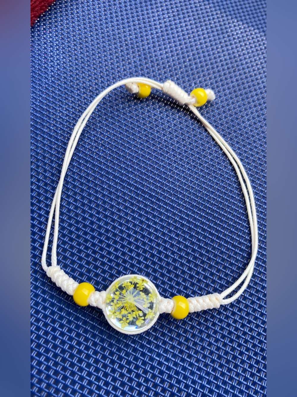 Handmade White Cord Bracelet with Yellow Flower Resin Charm